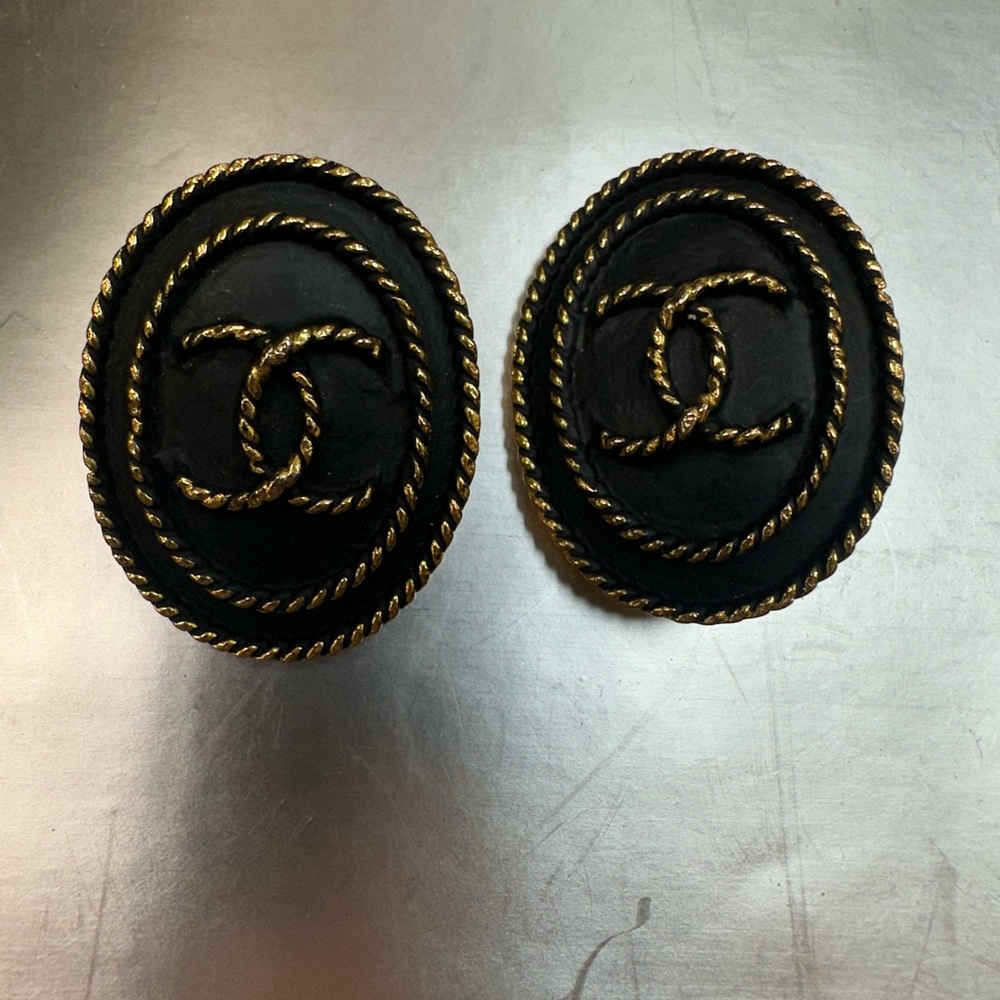 CHANEL Black and Gold Rope Detail Earrings
